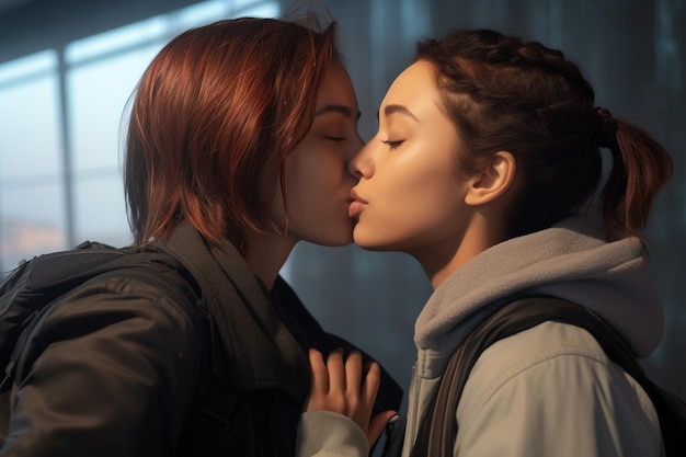 Photo two women are kissing each other and one has a white jacket on