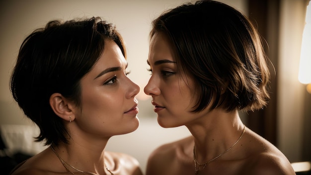 two women are kissing in front of a mirror