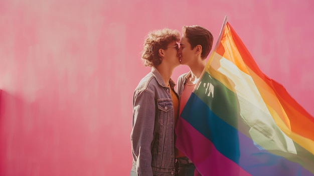 two women are kissing in front of a pink background with a rainbow flag