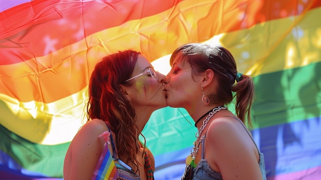 Photo two women are kissing in front of a rainbow colored banner