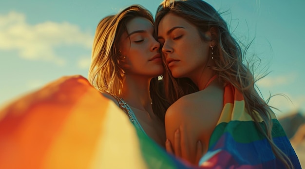 Photo two women are kissing in the sky with a rainbow colored blanket