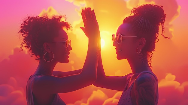 two women are looking at the sun with their arms outstretched