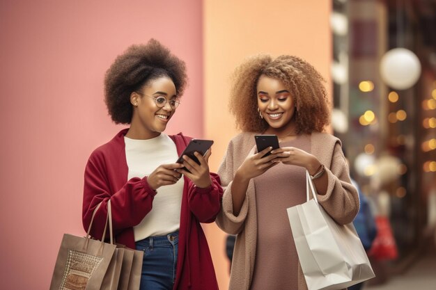 two women are looking at their phones and one is holding a white bag