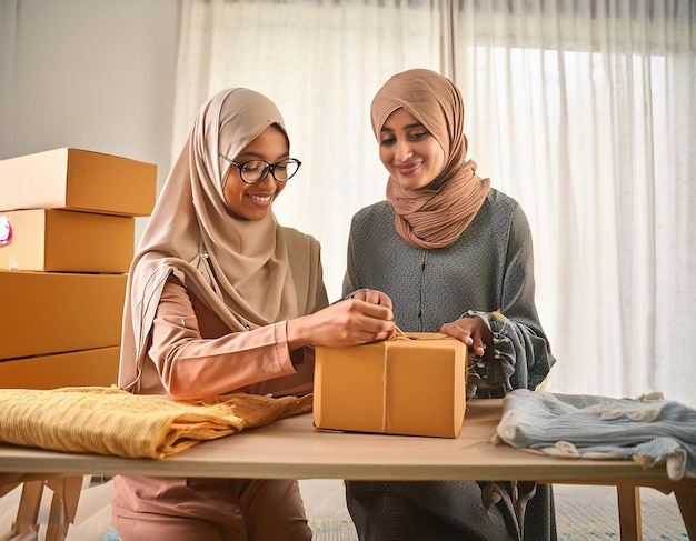 two women are making a box with a woman on it