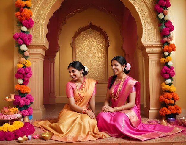 two women are sitting on a carpet with flowers and a large arch behind them