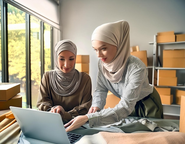 two women are sitting at a desk with a laptop and the word on it