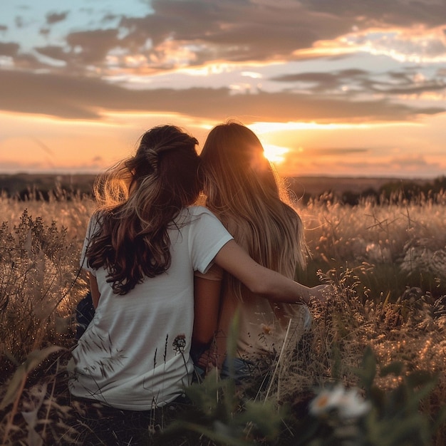 two women are sitting in a field with the sun setting behind them