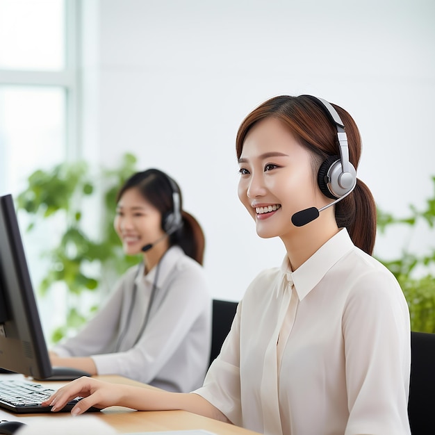 two women are sitting in front of a computer monitor and the other two are wearing headphones