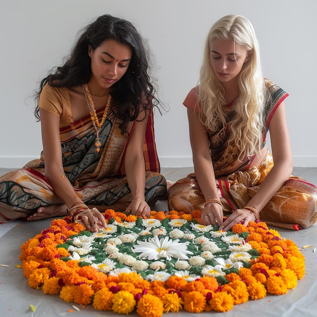 two women are sitting in front of a large flower arrangement