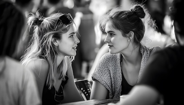 Photo two women are sitting at a table and one has a hat on her head