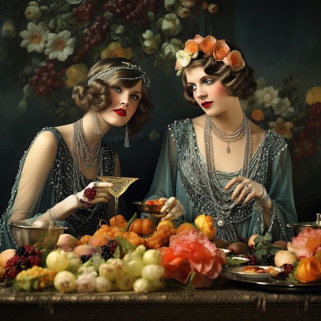 two women are sitting at a table with a drink and a plate of fruit.