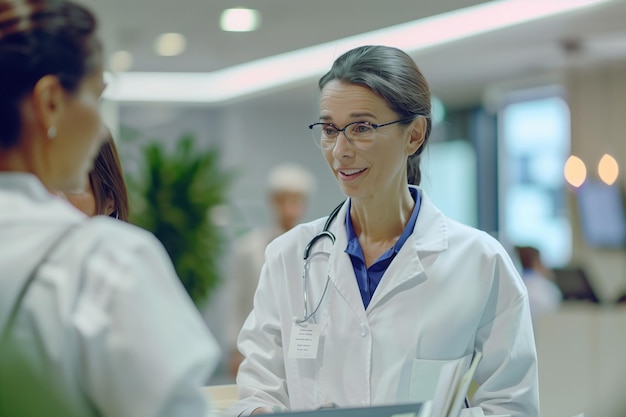 two women are smiling and one has a name tag on her neck