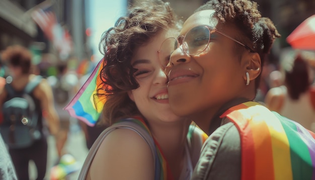 Photo two women are smiling and one is wearing a vest that says  the word  on it