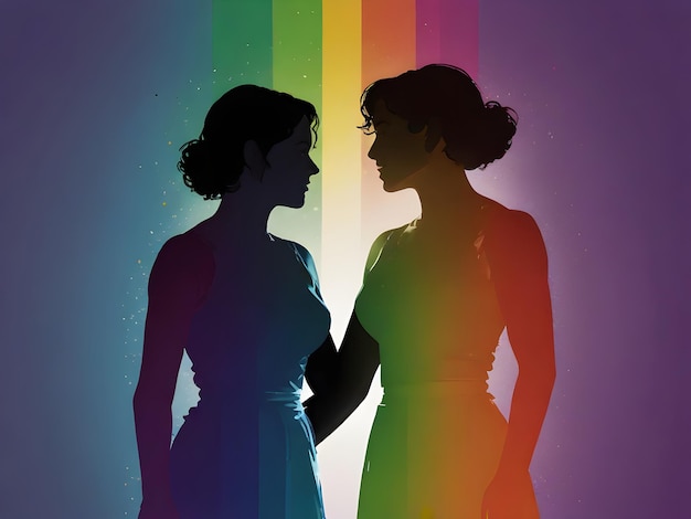 two women are standing in front of a rainbow colored background