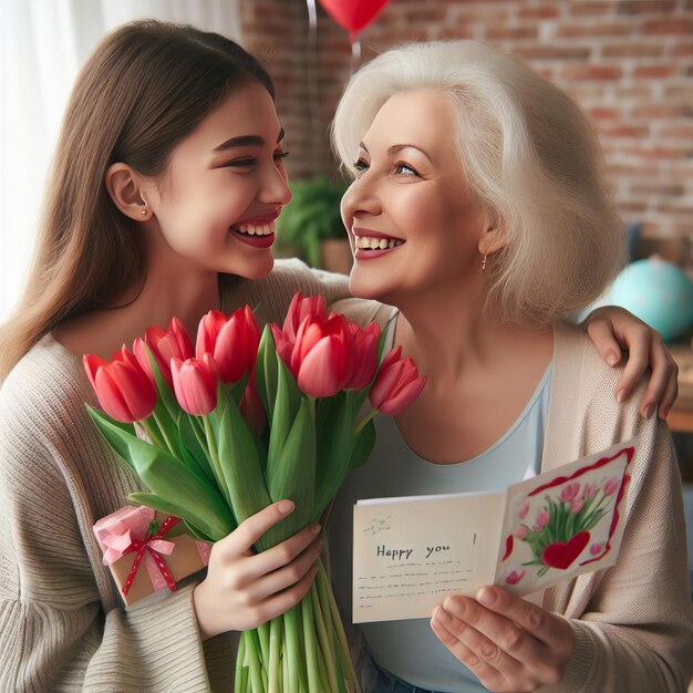 Two women are standing together one of them holding a bouquet of red tulips