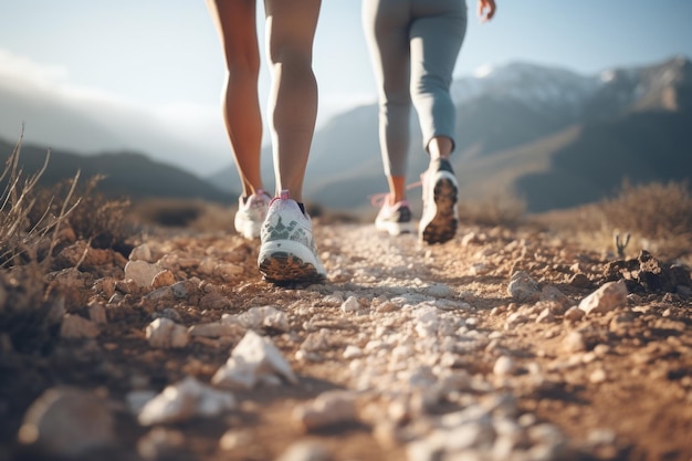 Two women are walking on dirt road in mountains