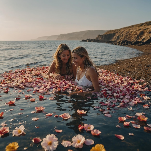 Photo two women are in the water with flowers on the beach