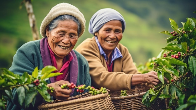 Two women in a basket with coffee beans in their hands