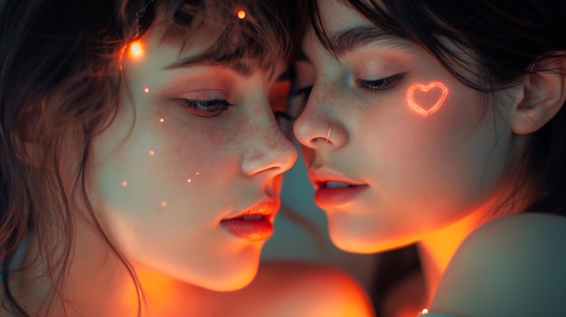 Two women bathed in warm orange light gaze at each other with love Hearts adorn the space