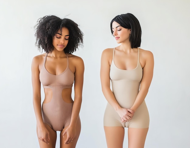 two women in bathing suits one of which has a brown bra on it