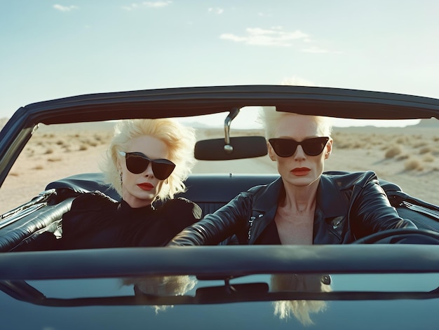 Two women in a car with sunglasses and a woman wearing a black jacket