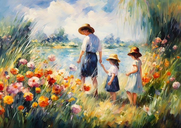 two women child field flowers standing lake walking confidently young father figure drawing children