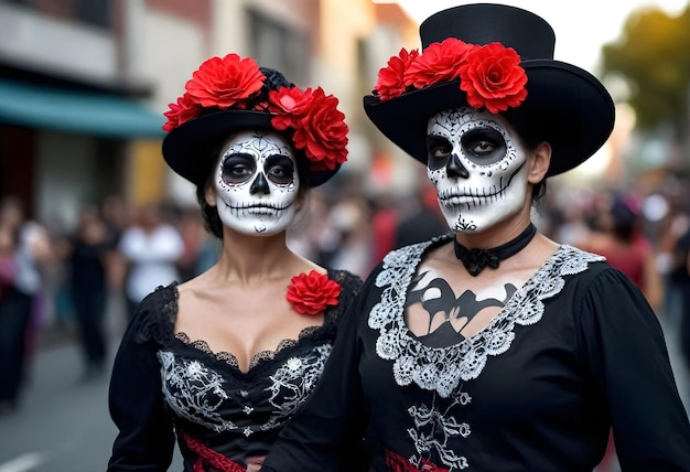 two women dressed in day of the dead costumes