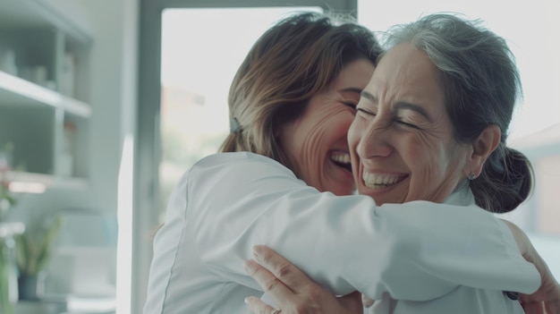 Two women dressed in lab coats share a heartfelt embrace and joyful smiles bathed in soft natural light