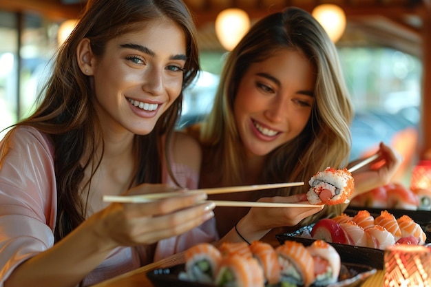 Photo two women eating sushi