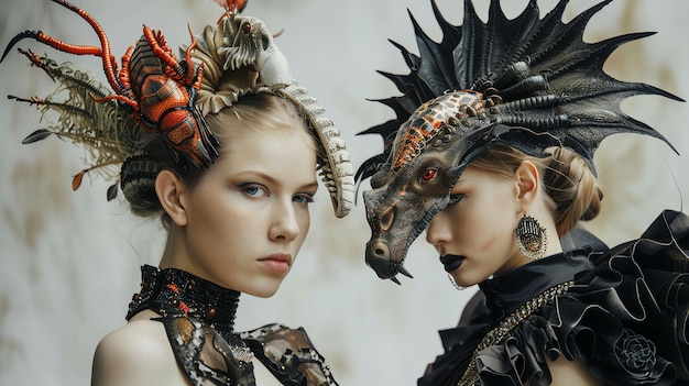 Two women in elaborate fantasythemed attire with one wearing a dragonlike mask and the other with a dramatic headpiece featuring a large insect