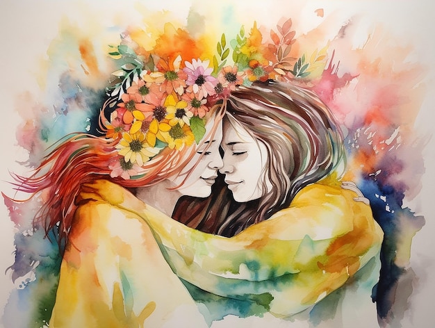 Two women embrace in a rainbow scarf with flowers on their hair in watercolor style