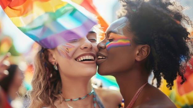 Two Women Embracing and Celebrating LGBTQ Pride with Rainbow Face Paint and Joyful Expressions