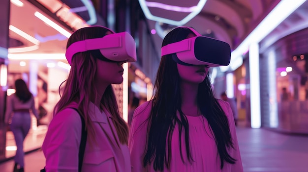 Photo two women explore a futuristic environment with vr headsets immersed in a digital world of neon lights and vibrant colors embracing cuttingedge technology