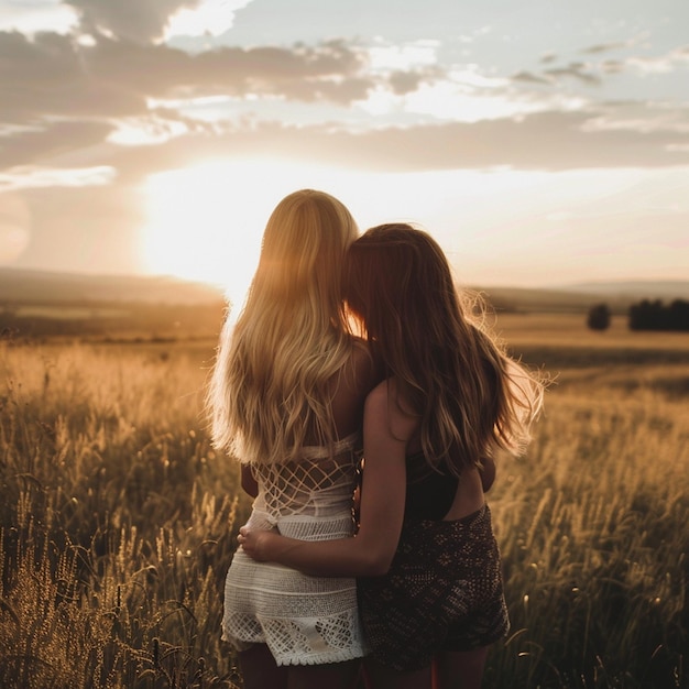 two women in a field with the sun behind them