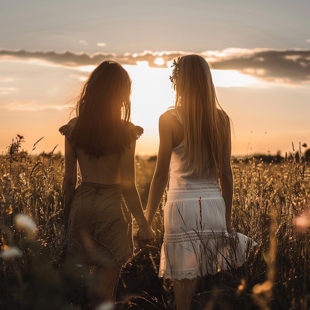 two women in a field with the sun behind them