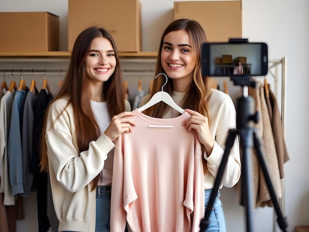 Photo two women filming a fashion video with clothing on a smartphone