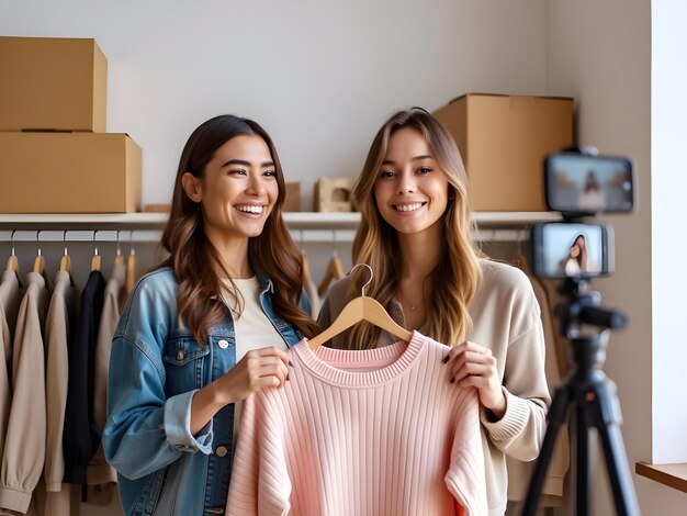 Photo two women filming a fashion video with clothing on a smartphone