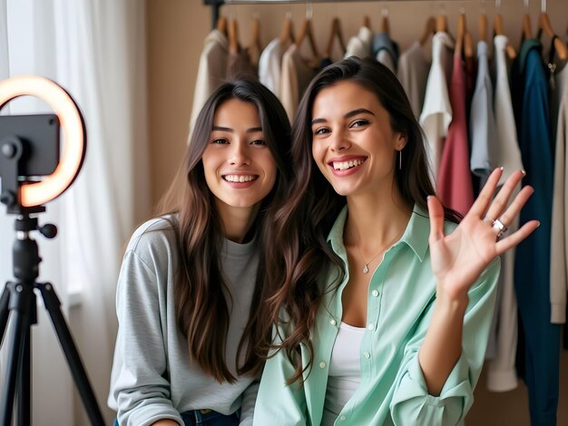 Photo two women filming a fashion video with clothing on a smartphone