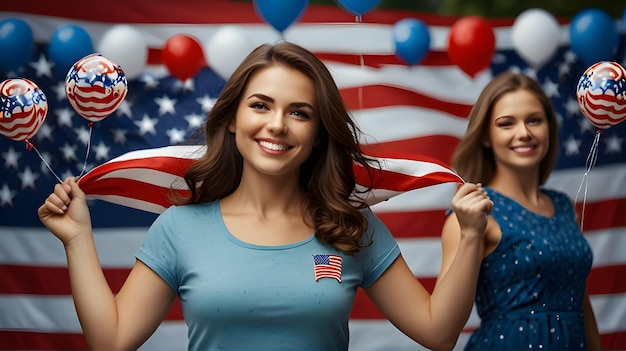 two women in front of a flag with the words usa on it