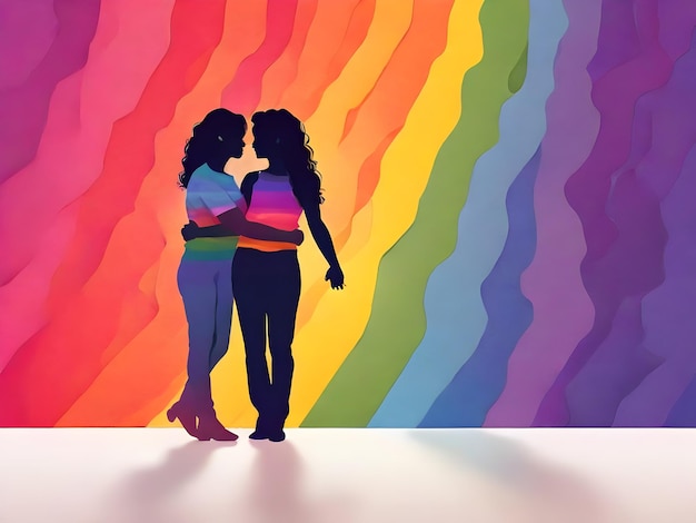 two women in front of a rainbow colored background