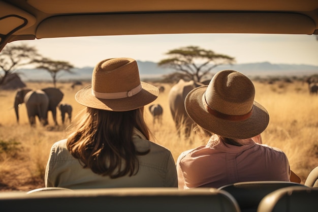 two women in hats are sitting in the back of a vehicle generative ai