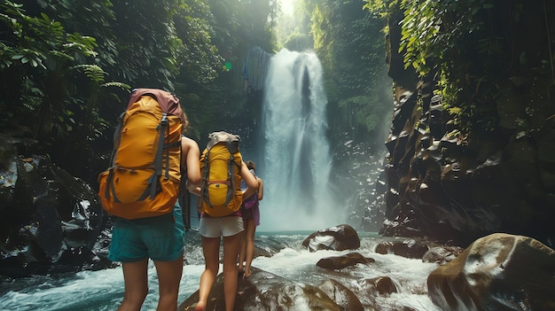 Two women hikers stand with their backs to the camera and gaze up at a waterfall in a lush jungle setting