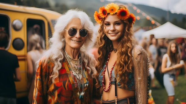 Photo two women in hippie style outfits standing next to each other generative ai