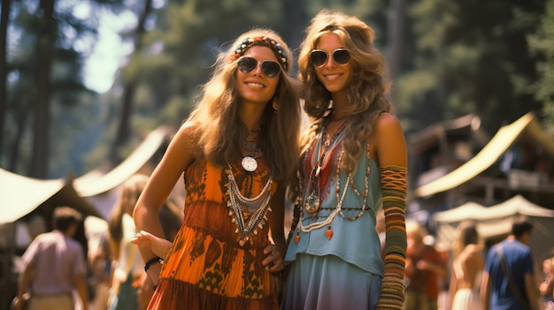 Two women in hippie style outfits standing next to each other Generative AI