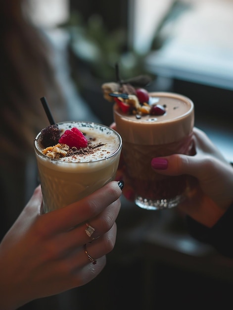 Photo two women holding drinks with one holding a straw