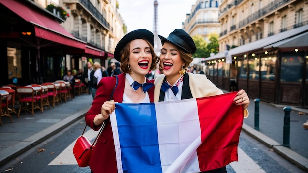 Photo two women holding a flag and one has a red flag