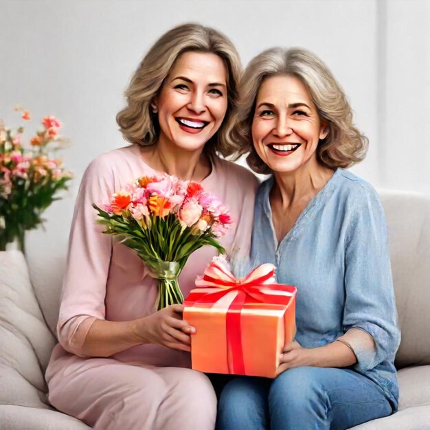 Photo two women holding flowers and one holding a gift