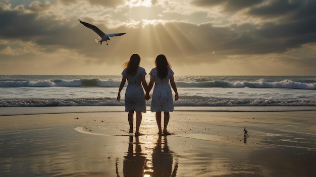 two women holding hands on a beach with a bird flying above them