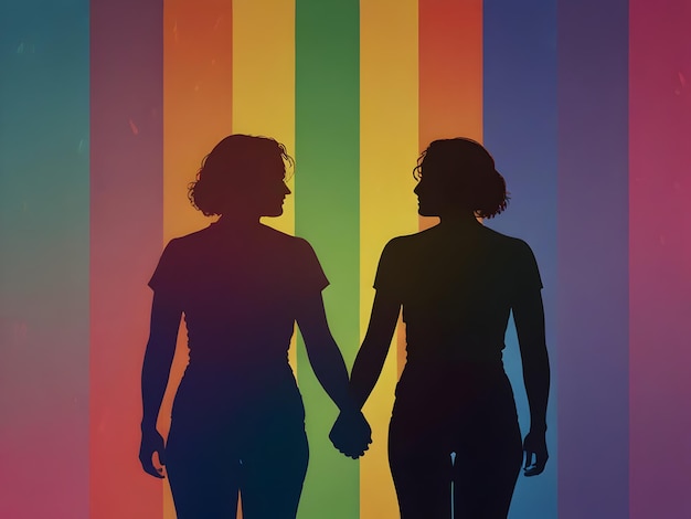 two women holding hands in front of a colorful background