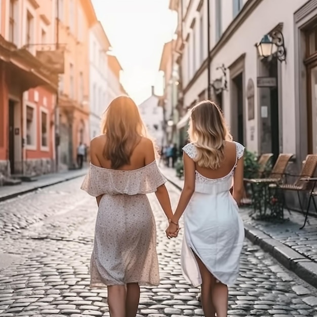 two women holding hands one of which is a bride and the other is holding hands